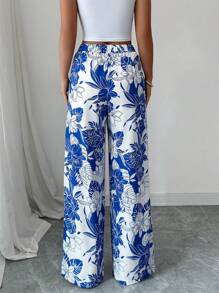 Elenzga Calça Reta Larga Casual Solta e Elegante Feminina, Cintura Elástica com Estampa Multicolorida, Verão - Multicolorido - Visão 2