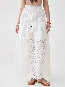 Florisole Damen Boho Quasten gebundener Cut Out floraler Volant Saum A-Linie Maxirock, Apricot, Frühling/Sommer - Weiss - Übersicht 2