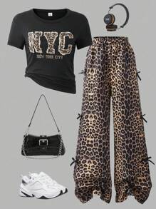 SHEIN Explorewe 女童豹纹蝴蝶结字母图案两件套宽松上衣和裤子套装