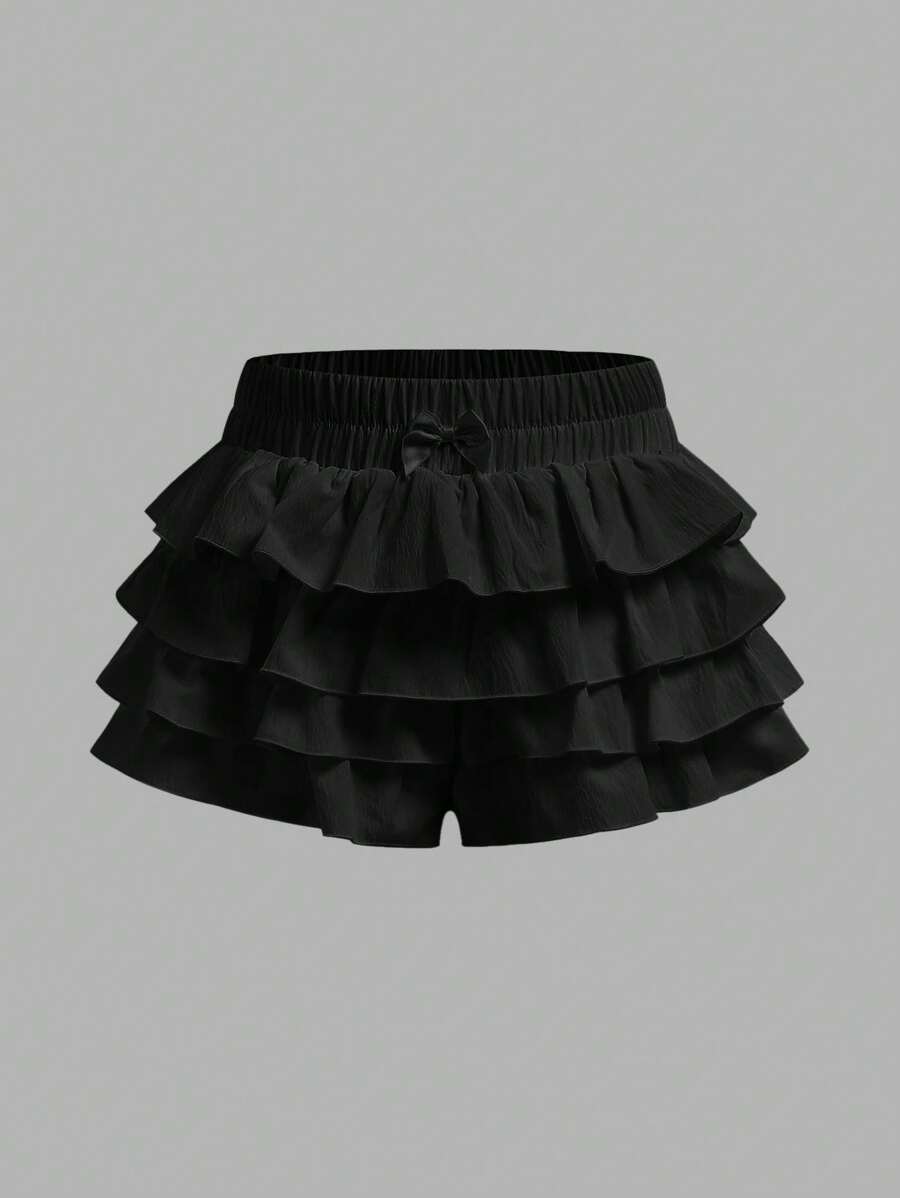 年轻女孩时尚纯色修身休闲短裤 - 黑色 - 查看 1