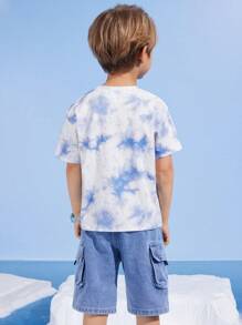 SEALOOK X SHEIN 小男孩卡通可爱海豹蓝色扎染清爽休闲百搭短袖T恤