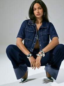 Flap Pocket Button Front Casual Boxy Cropped Denim Top - Dark Wash - View 3