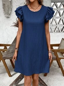 EMERY ROSE Vestido mini recto y suelto para mujer con cuello redondo y mangas cortas de unicolor - Azul - Ver 4