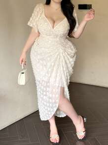 Vibekara 法式复古泡泡袖波点纹理女士礼服，适合派对和活动 - 杏色 - 查看 3