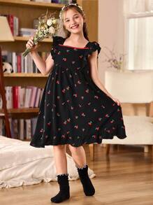 CottageSlumber Camisón holgado sin mangas para niñas con escote cuadrado, ribete con volantes y estampado de cerezas en color contrastante - Negro - Ver 5