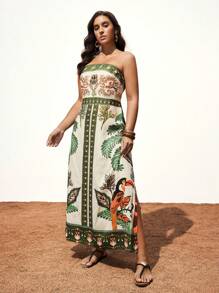 Maija Plus Size Women's Tropical Floral Print Bandeau Maxi Dress, Elegant Holiday Style - Multicolor - View 1