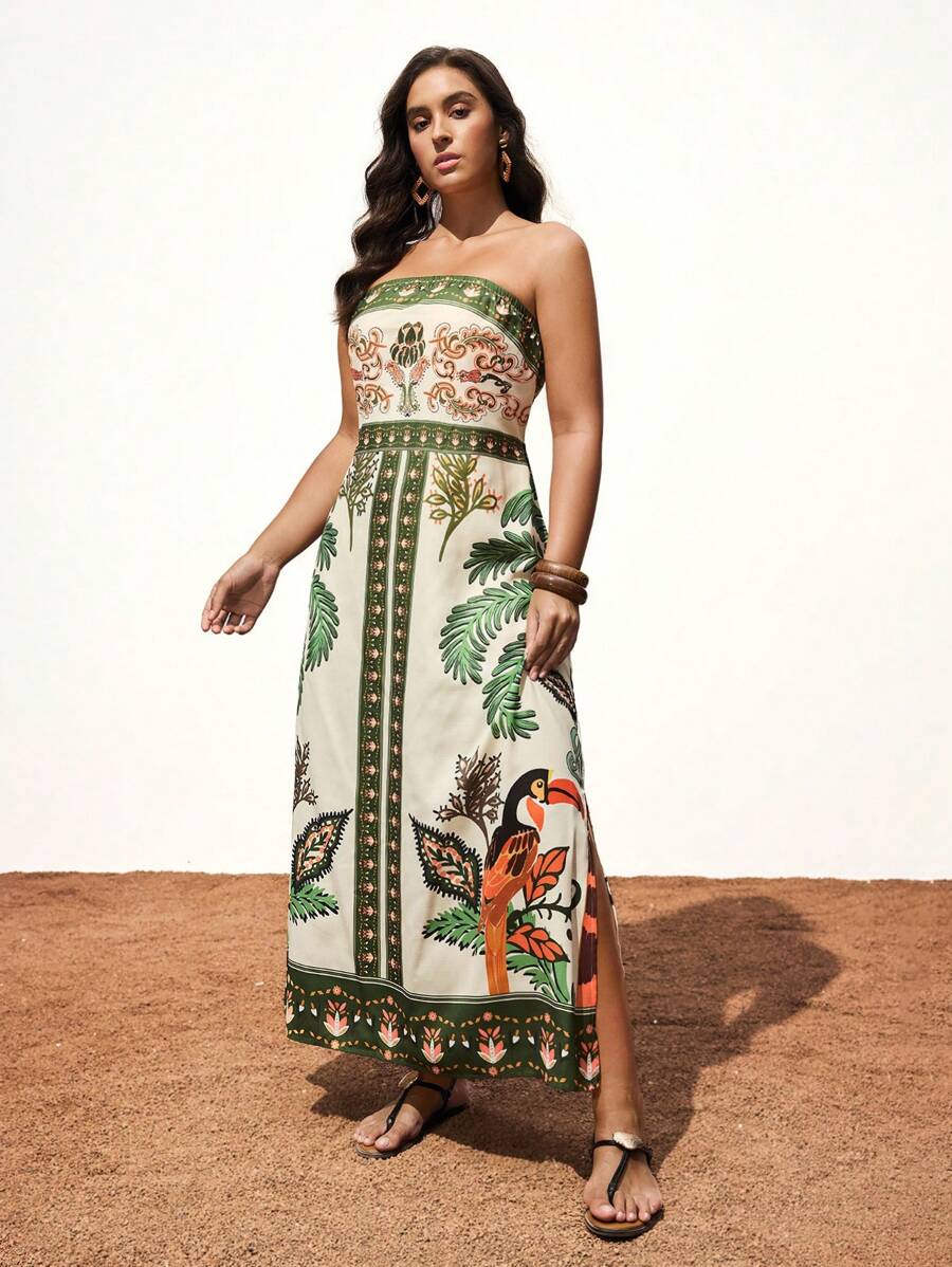 Maija Plus Size Women's Tropical Floral Print Bandeau Maxi Dress, Elegant Holiday Style - Multicolor - View 1