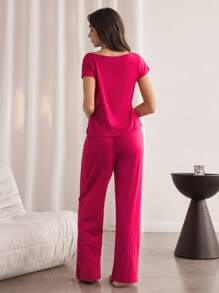Lazeform Conjunto de pijama informal de top de manga corta con cuello en V y botones y pantalones de estar por casa de mujer en unicolor de punto