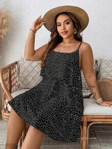 SHEIN Clasi 加大码白色多层波尔卡圆点吊带夏季连衣裙，适合女性春假、节日、圣帕特里克节狂欢装，波西米亚风