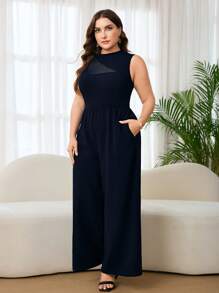 SHEIN Clasi Tuta elegante senza maniche con inserti in rete, disponibile in taglie comode per donna