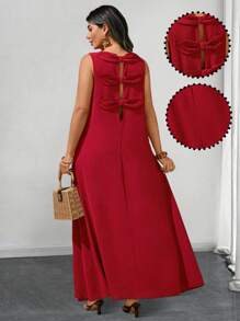 Sunserae 加大码圆领无袖后背蝴蝶结装饰休闲优雅连衣裙，适合外出和聚会 - 酒紅色 - 查看 3