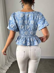 Elenzga Casual Blue Shirt With Square Neck, Jacquard, And Ruffle Hem, Short Sleeve - Blue - View 2