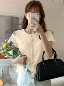 DAZY 女士纯色圆领短袖修身开衫 T 恤，灰色，春夏，返校服装 - 白色 - 查看 5