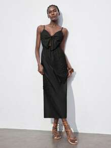 Maija Váy hai dây hở lưng họa tiết hoa thanh lịch, đầm duyên dáng thường ngày, phù hợp cho tiệc sáng muộn, khách dự tiệc cưới, mùa hè - màu đen - Xem 4