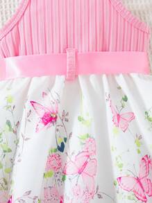 SHEIN 女宝宝夏季新款2025红色罗纹心形印花荷叶边下摆简约时尚可爱甜美吊带连衣裙 - 玫紅色 - 查看 4