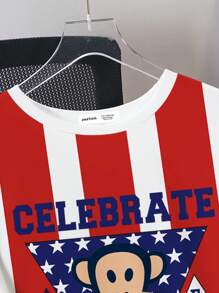 Paul Frank X SHEIN Men's Striped & Cartoon Pattern Casual Short Sleeve T-Shirt - White - View 4