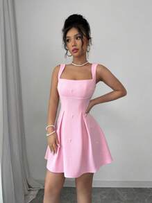 SHEIN PETITE Damen Lässig Kleid mit einfarbigem Patchwork, breiten Trägern, Nieten und Perlen