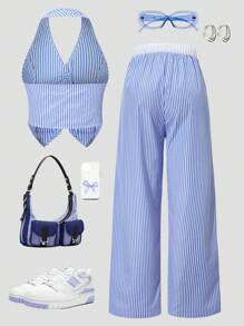 2 pièces Ensemble de gilet sans manches rayé & pantalon large rayé pour adolescente, tenue décontractée légère pour le bureau et le port quotidien, été