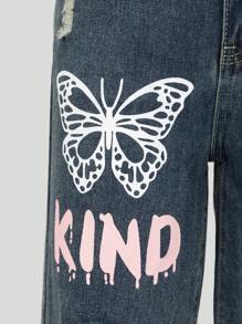 SHEIN Jeans de mezclilla casual y sencillo con estampado y rotos para adolescentes, en azul medio - Azul lavado oscuro - Ver 8