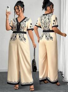 Elenzga Plus Size Women Botanical Print Jumpsuit, Casual Holiday Outfit - Multicolor - View 8