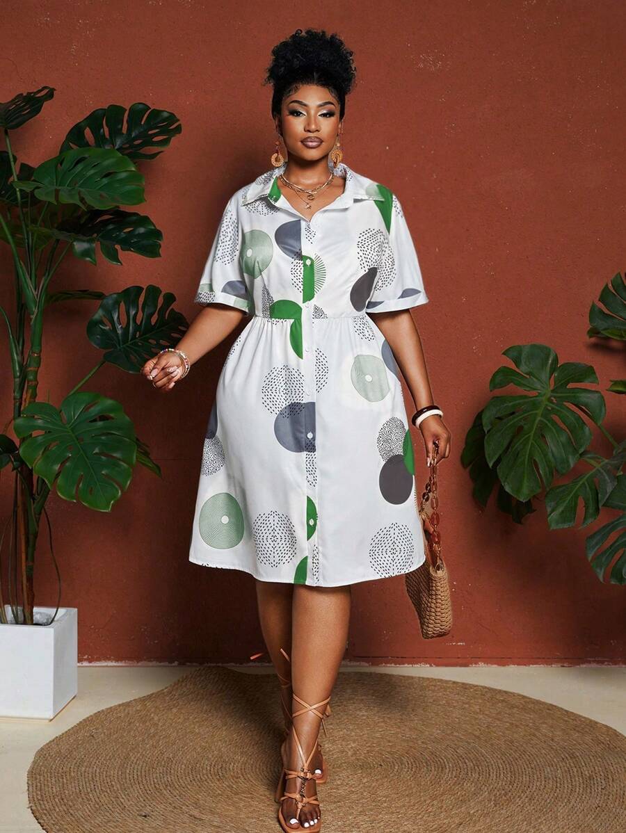 Maweii 大码女式圆形印花 A 字连衣裙，休闲短袖褶饰前开衫连衣裙 - 彩色 - 查看 1