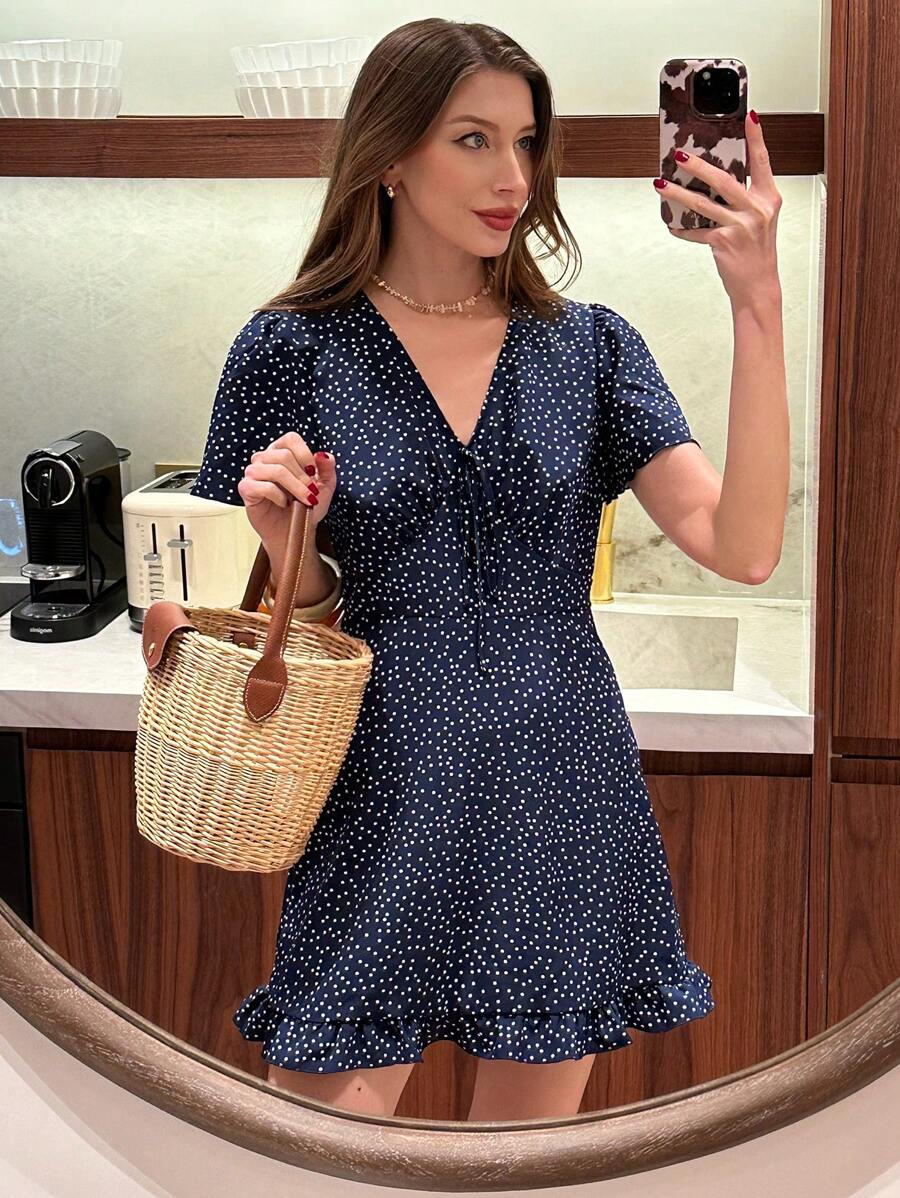 Pariaura 女式 V 领复古波尔卡圆点印花荷叶边下摆系带腰连衣裙 - 藏蓝色 - 查看 1