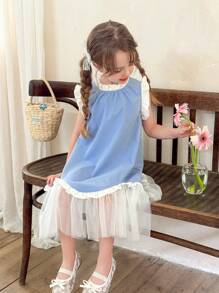 LMoss Kids 年轻女孩梭织拼色网眼拼接无袖连衣裙