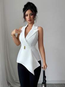 Elenzga Women's Fashionable Asymmetric Hem Sleeveless Thin Suit Jacket, Summer - White - View 5
