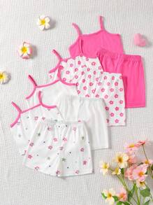 SHEIN Playful Pals 8 件套女婴新生儿/幼儿可爱休闲条纹针织背心和短裤套装，适合春夏季日常穿着，0-3 岁 - 玫紅色 - 查看 2