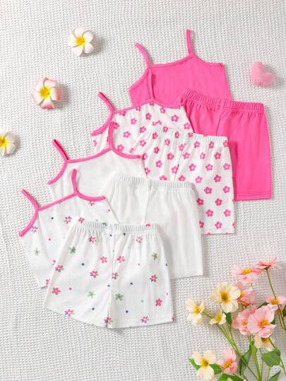 SHEIN Playful Pals 8pcs/Pack Baby Girl Newborn/Toddler Cute Casual Striped Knit Tank Top And Shorts Set, For Spring/Summer Daily Wear, 0-3 Years Old