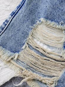 SHEIN Teen Girls' Casual Washed Ripped Denim Shorts - Light Wash - View 3