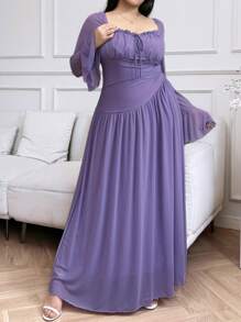 Feyla Plus Size Solid Color Long Sleeve Mesh Dress, Minimalist & Fashionable For Summer - Purple - View 6