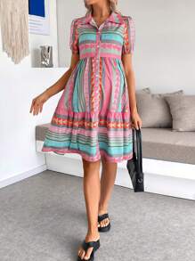 SHEIN Maternity Summer Casual Geometric Print Front Button Dress Summer Outfits For Women - Multicolor - View 3