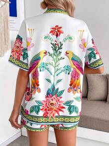 SHEIN 2 Pieces Set Maternity Vintage Style Peacock Floral Pattern Open Front Short Sleeve Top And Shorts Summer Outfits For Women - Multicolor - View 2