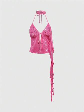 Fairycore Canotta da donna vacanziera con stile da sirena, sexy, con ruffle floreali 3D, spalline sottili, decorazioni in perline e ricami