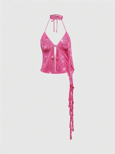 Fairycore قميص نسائي عطلة أجازة على شكل ذيل سمكة مثير بثلاثي الأبعاد مزين بأزهار مموج قابل للتعديل على الكتف مطرز بالخرز