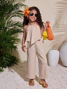Bộ quần ống rộng và áo yếm dệt trơn màu cho kỳ nghỉ của bé gái - Màu Khaki - Xem 4