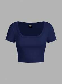 SHEIN EZwear 4件套女士休闲简约圆领/方领短袖短款基本款上衣，黑色，深蓝色，浅蓝色，白色，适合夏季 - 彩色 - 查看 10