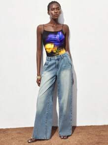 Maija Đồ bơi liền thân họa tiết hoa nhuộm loang màu sáng tối mới 2025, dây đeo vai có thể điều chỉnh, thiết kế nơ thắt bên hông, thanh lịch khi đi làm, hàng ngày, bãi biển, tiệc tùng, khách dự tiệc cưới, ngày độc lập, tốt nghiệp - màu đen - Xem 2