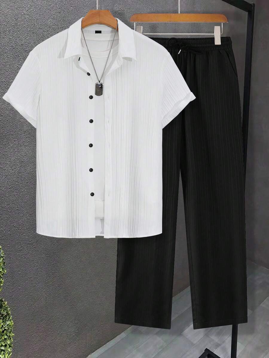 Manfinity Homme Men's Casual Short Sleeve Shirt And Pants 2-Piece Set, Summer Shirt And Pants Set - Black and White - View 1