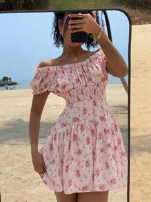 DAZY Women's Floral Print Off Shoulder Ruffle Trim Short Sleeve Vacation Dress,Beach Outfits