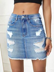 SHEIN Tall Mid-Waist Distressed Raw Hem Washed Denim Mini Skirt