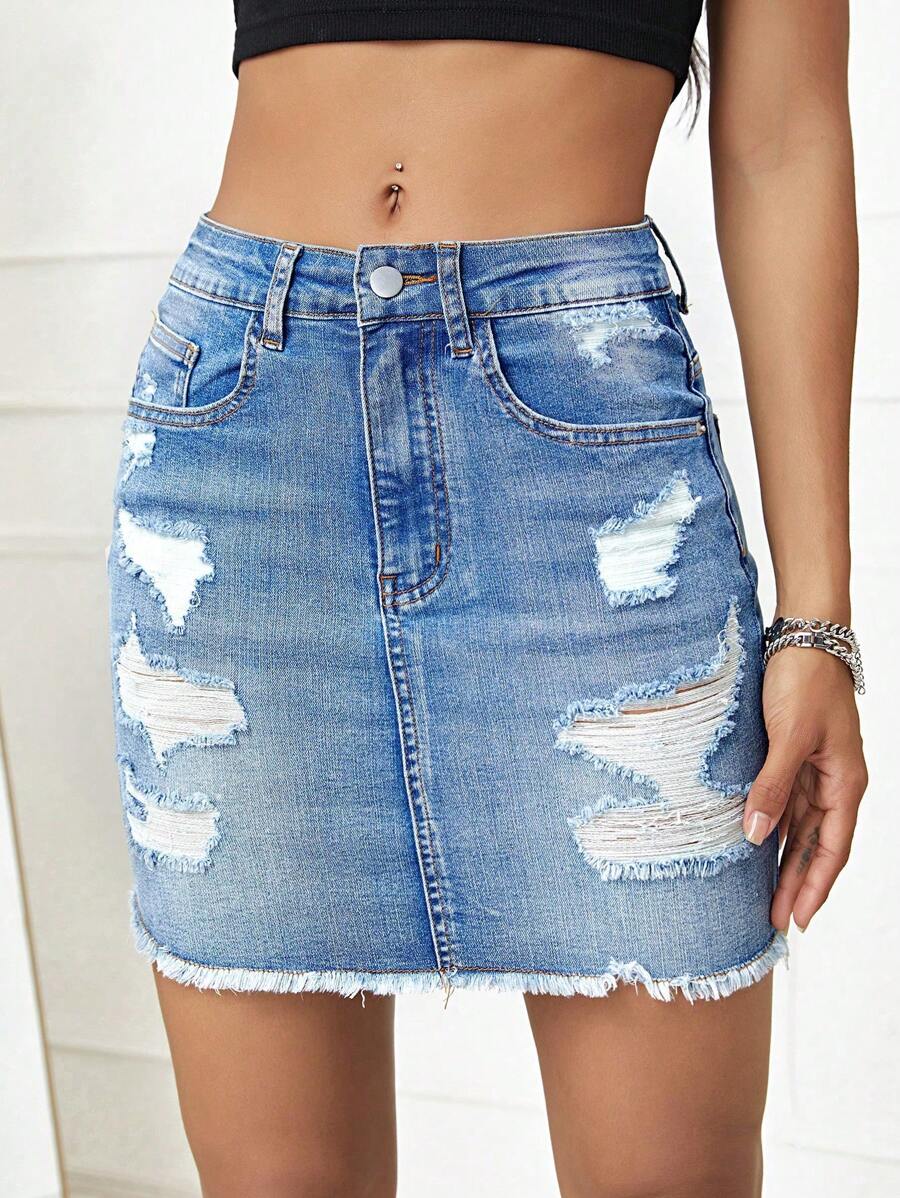 SHEIN Tall Mid-Waist Distressed Raw Hem Washed Denim Mini Skirt