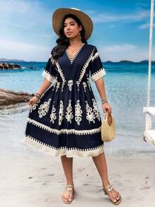 SHEIN LUNE Plus Size Vintage Patchwork Pattern Bohemian V-Neck Short Sleeve Summer Dress Boho Midi Drees Mother Day Floral Dress Women - Navy Blue - View 4