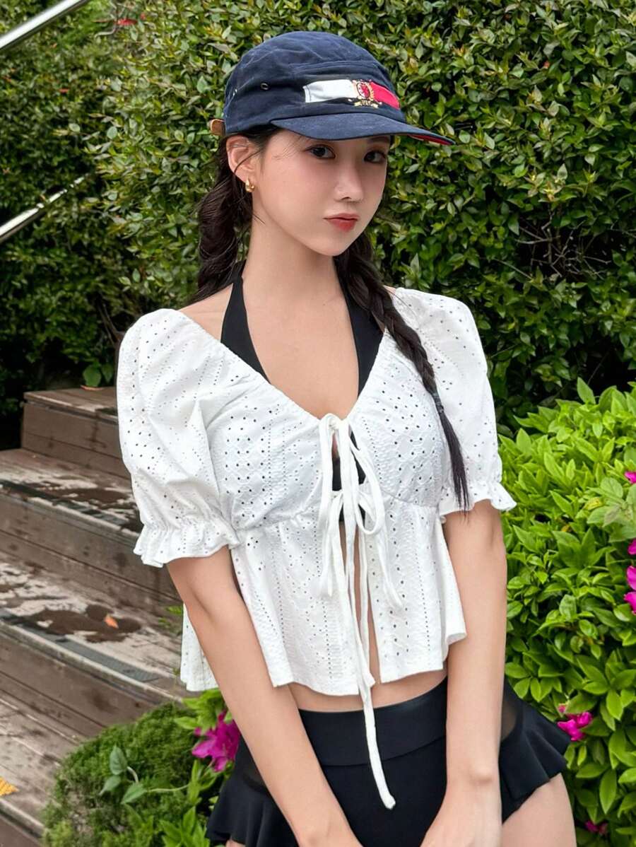 DAZY Women's Hollow-Out Lace-Up Beach Cover-Up, Spring/Summer Vacation - White - View 1