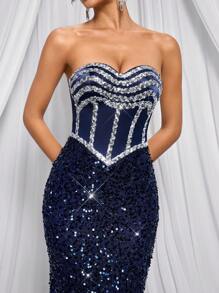 Glamrae Robe de soirée longue élégante et luxueuse faite main avec queue de sirène, décolleté en V, strass bleus et traîne, pour femmes - Bleu azur - Voir 1