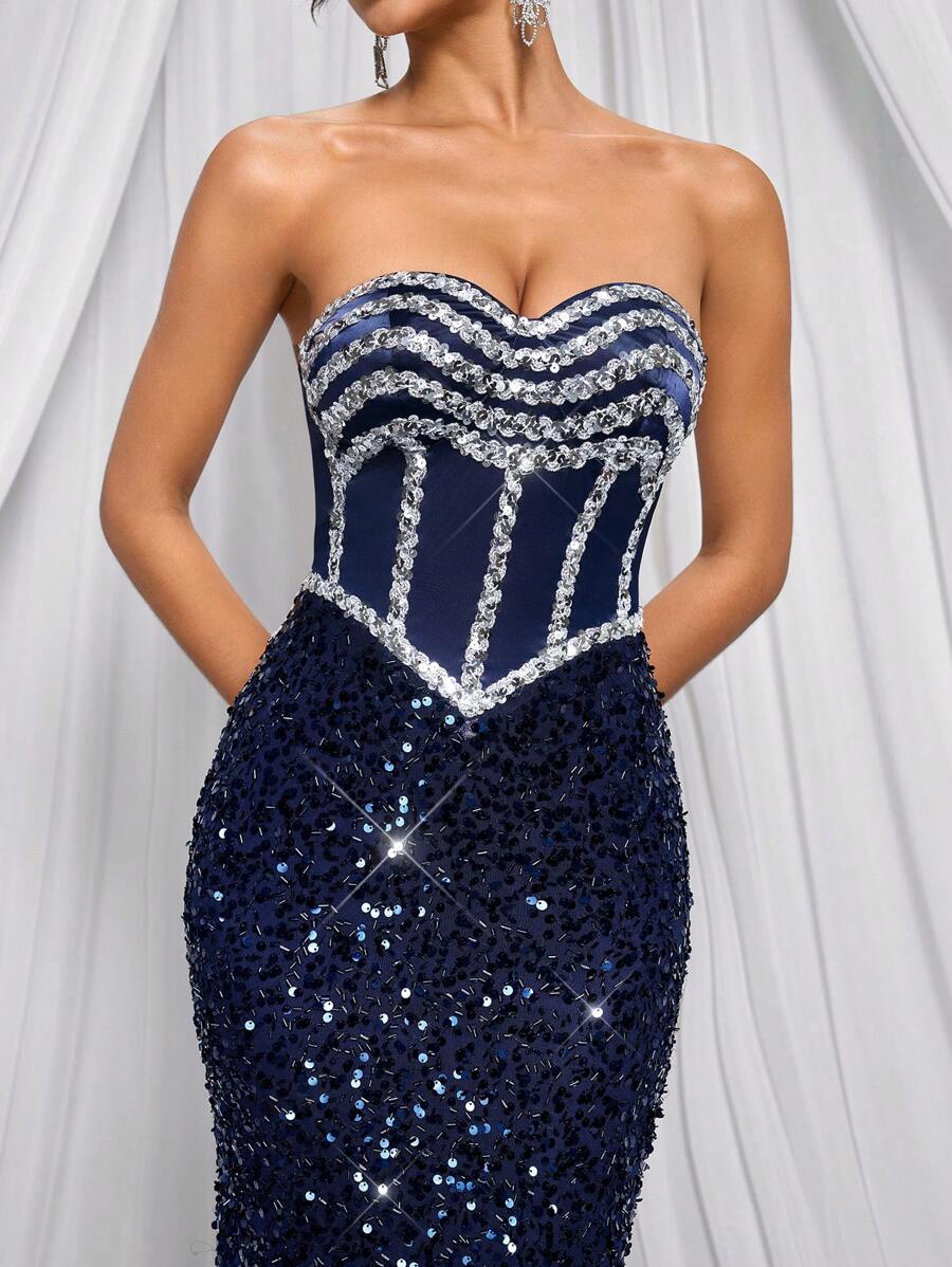 Glamrae Robe de soirée longue élégante et luxueuse faite main avec queue de sirène, décolleté en V, strass bleus et traîne, pour femmes - Bleu azur - Voir 1