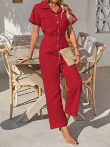 SHEIN Clasi 女式纯色短袖单排扣休闲连体裤 - 紅色 - 查看 7