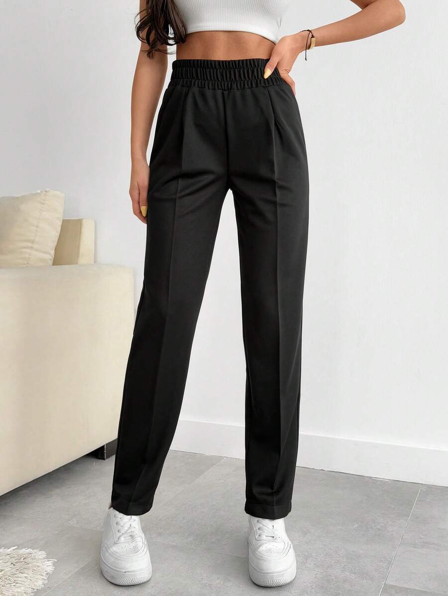 SHEIN Tall 女式高码纯色褶皱细节裤 - 黑色 - 查看 1