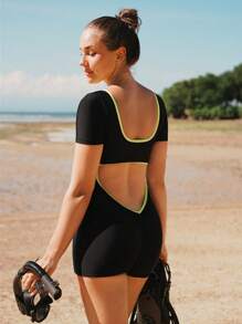 Swim SPRTY Women's Summer Beach Vacation Black Strappy Colorblock Backless Ruched Flared Leg Shorts Sleeve One-Piece Swimsuit Rash Guard
